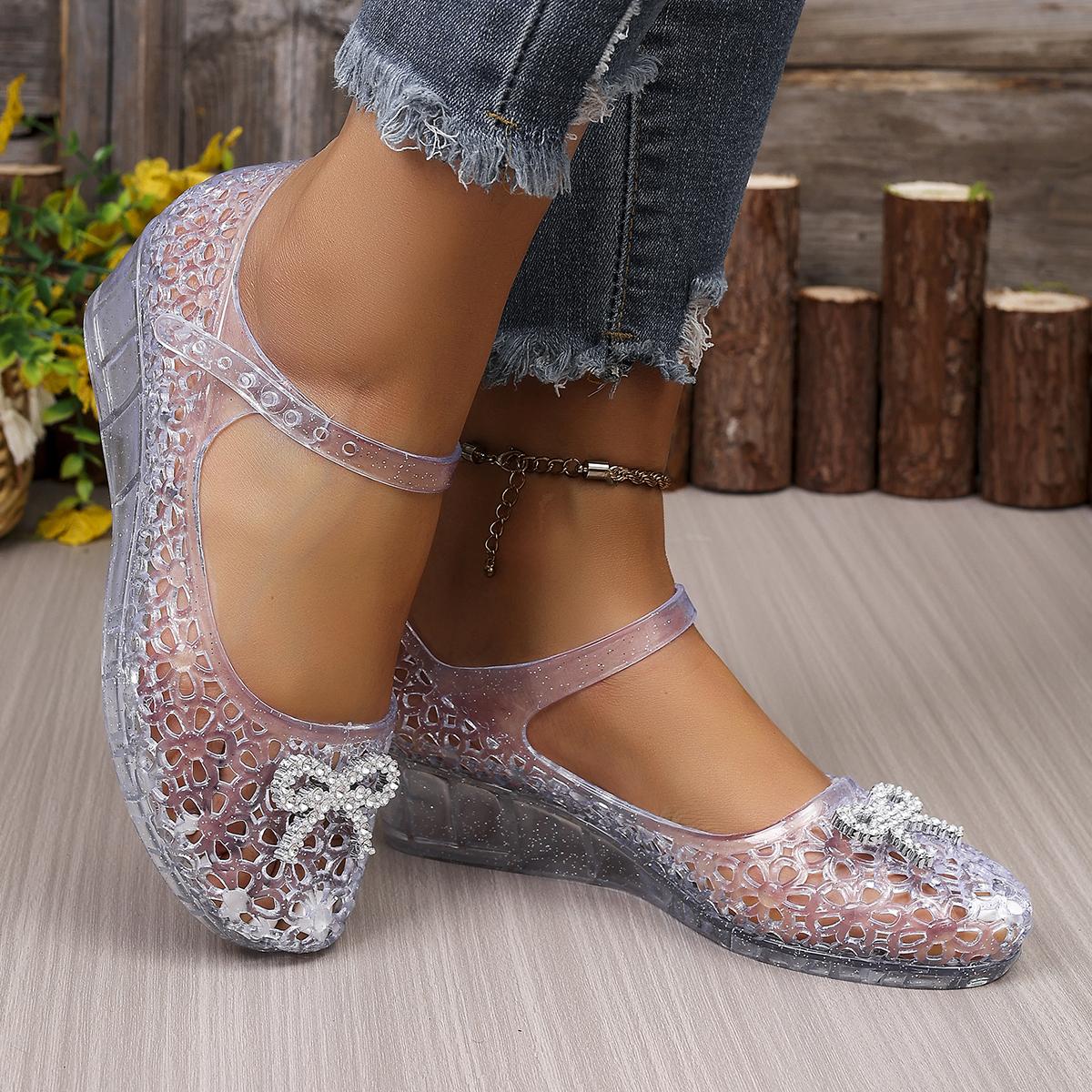 Sandales compensées en gelée pour femme avec nœud en strass 2