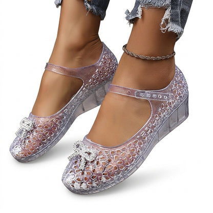 Sandales compensées en gelée pour femme avec nœud en strass 1