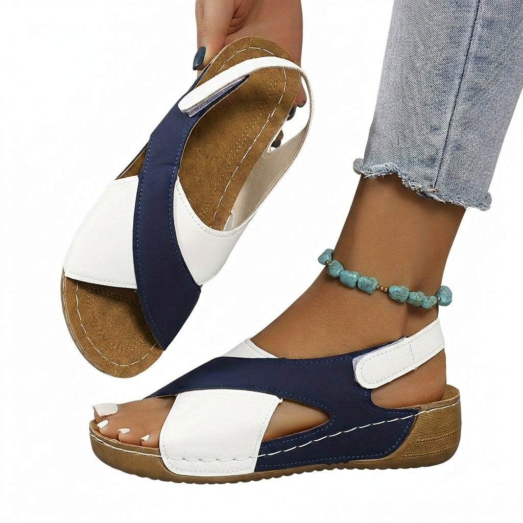 Women Sandals Wedge Heel Open Toe Ankle Strap Closure Blue