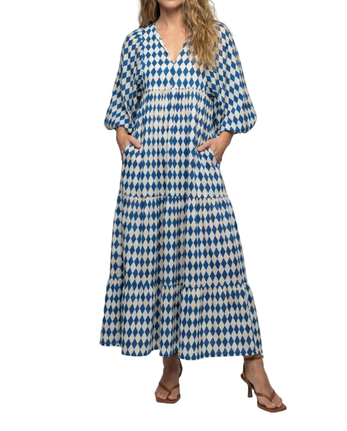 Robe midi femme avec col en V et structure à niveaux