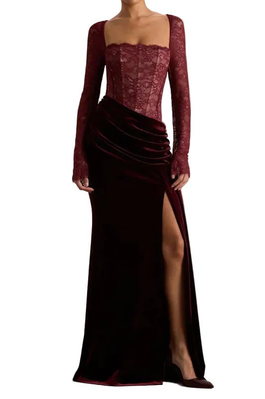 Robe longue femme avec haut en dentelle et fente latérale