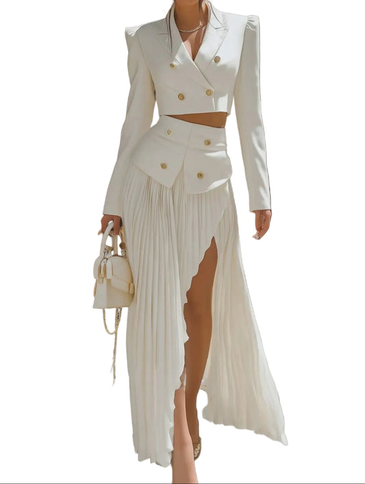 Ensemble Femme Blazer Court et Jupe Plissée