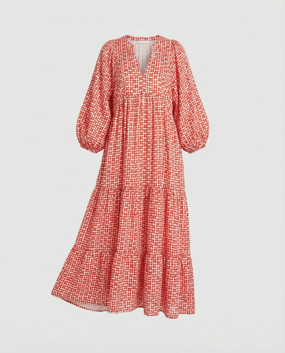 Robe midi femme avec col en V et structure à niveaux