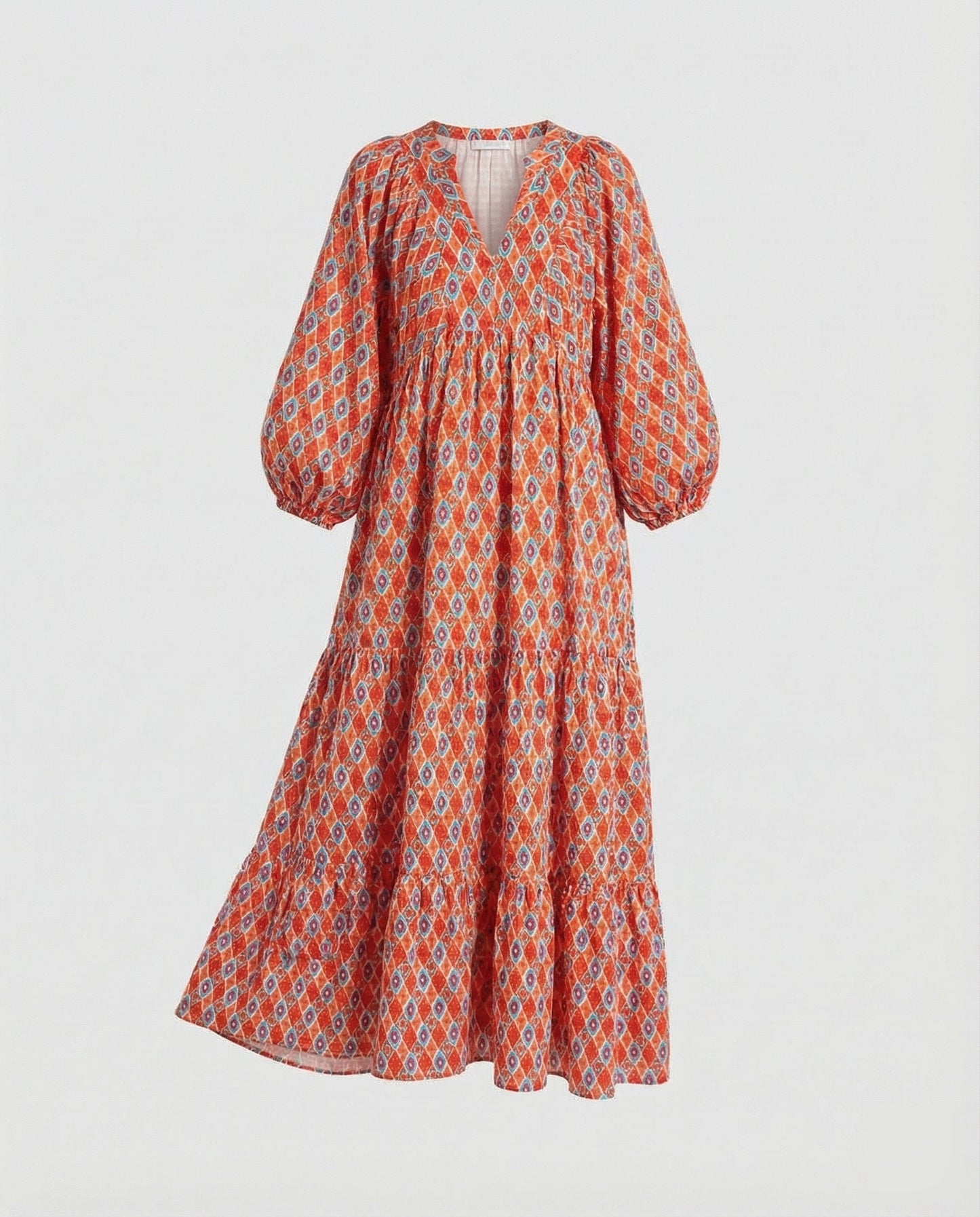 Robe midi femme avec col en V et structure à niveaux