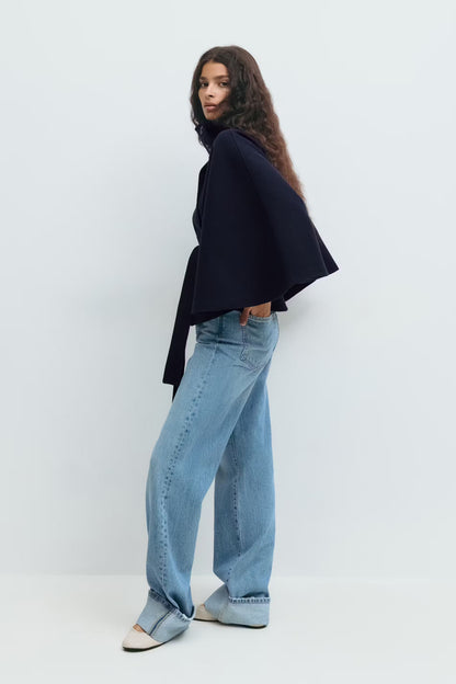 Cape femme avec col montant et ceinture à nouer