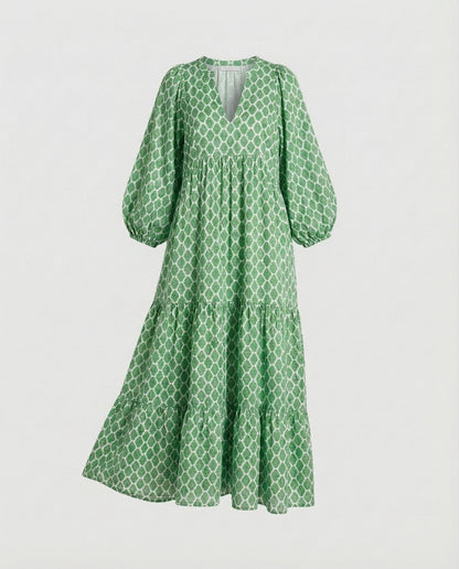 Robe midi femme avec col en V et structure à niveaux