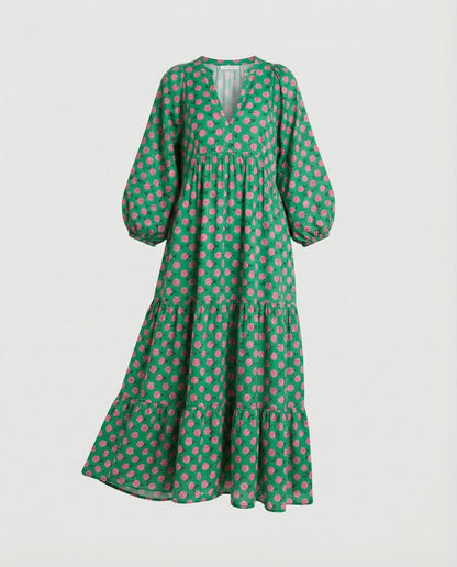 Robe midi femme avec col en V et structure à niveaux