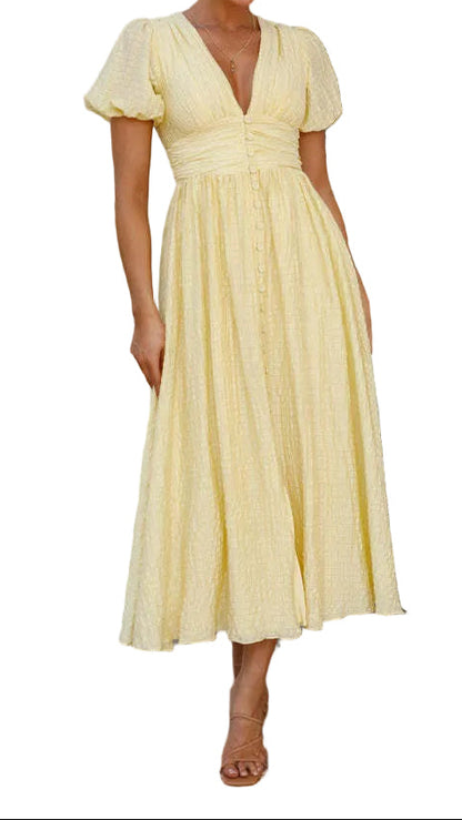 Robe Midi à Col V avec Boutonnage Central, Manches Bouffantes et Taille Froncée