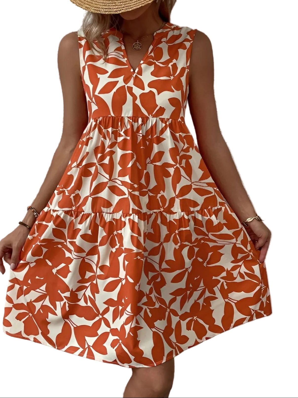 Robe courte femme sans manches avec encolure en V et jupe étagée