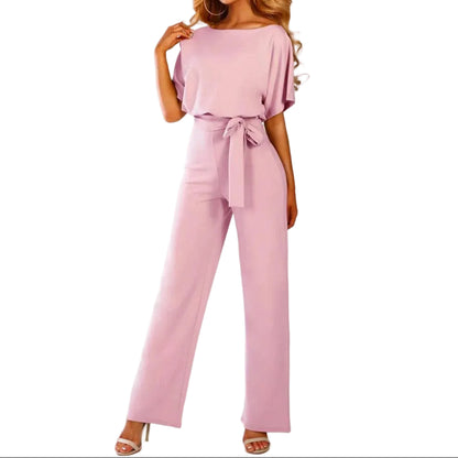 Femme Combinaison avec manches courtes, jambes larges et lien à la taille