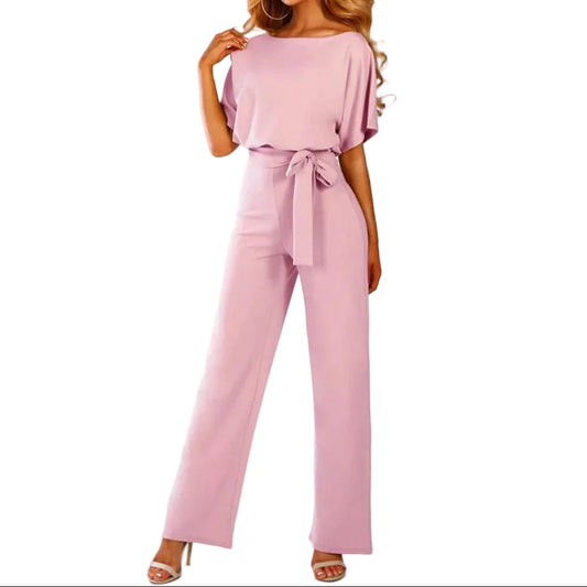 Femme Combinaison avec manches courtes, jambes larges et lien à la taille