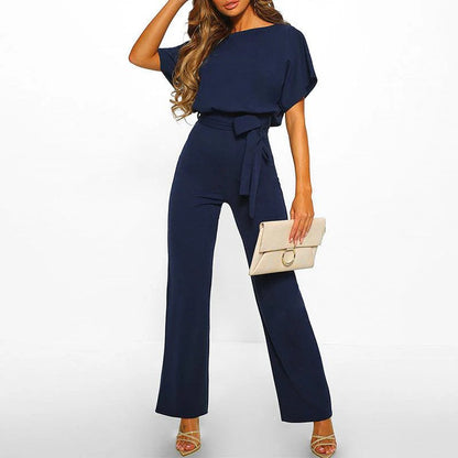 Femme Combinaison avec manches courtes, jambes larges et lien à la taille