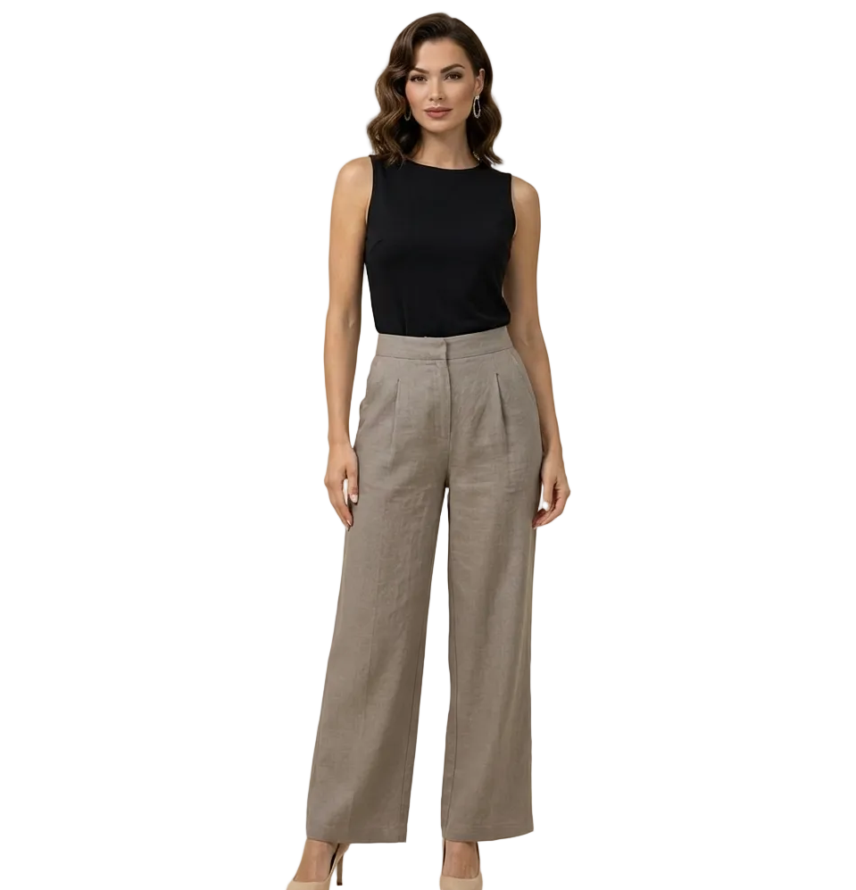 Pantalon femme taille haute avec jambes larges, plis frontaux et poches latérales