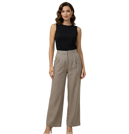 Pantalon femme taille haute avec jambes larges, plis frontaux et poches latérales