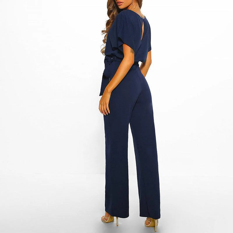 Femme Combinaison avec manches courtes, jambes larges et lien à la taille