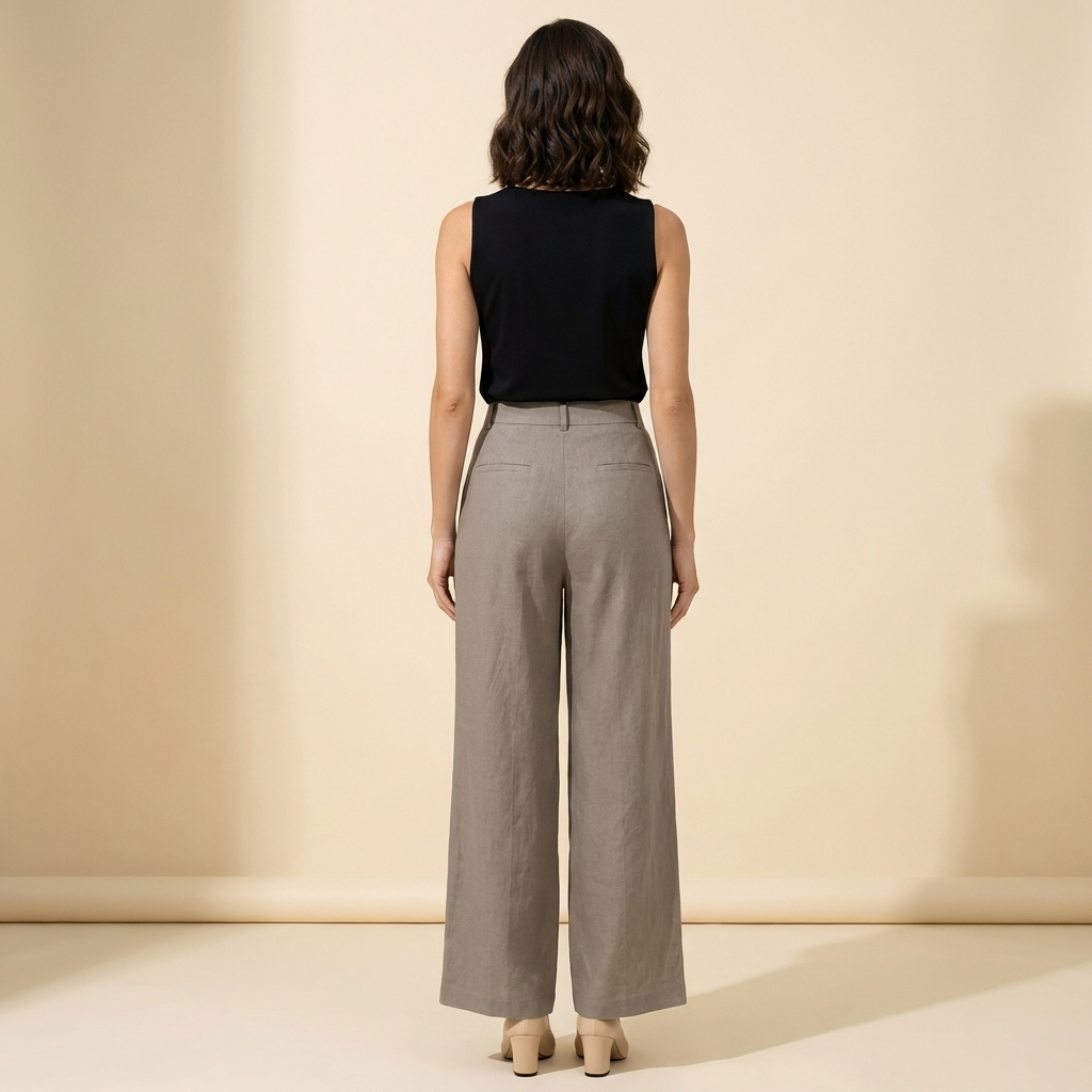 Pantalon femme taille haute avec jambes larges, plis frontaux et poches latérales