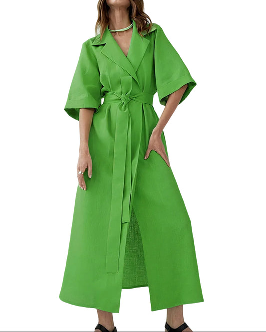 Robe Midi Cache-Cœur avec Col à Revers pour femme, Manches Larges et Ceinture à Nouer
