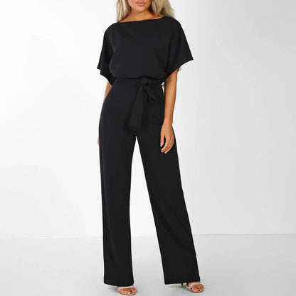 Femme Combinaison avec manches courtes, jambes larges et lien à la taille