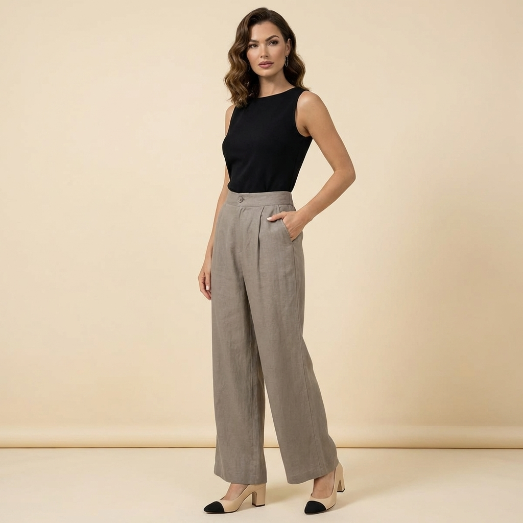 Pantalon femme taille haute avec jambes larges, plis frontaux et poches latérales