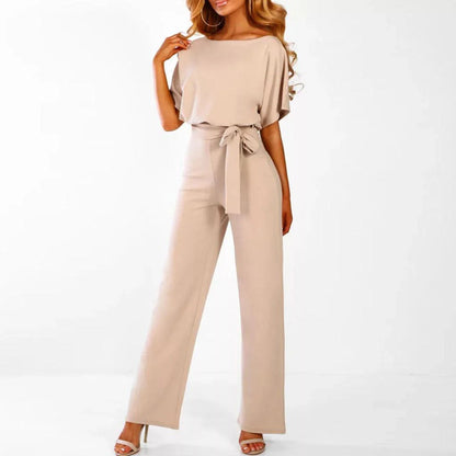 Femme Combinaison avec manches courtes, jambes larges et lien à la taille
