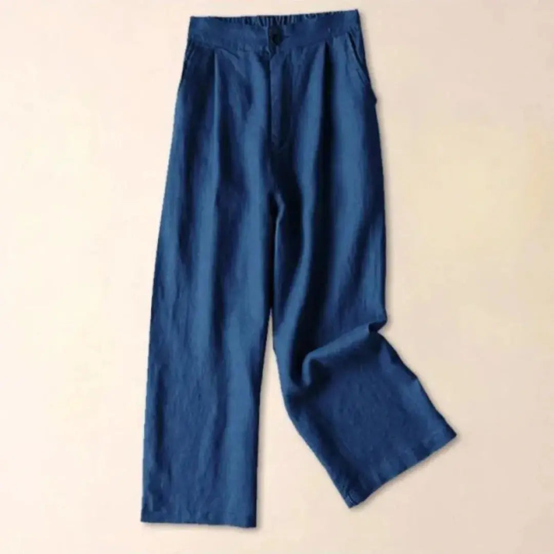 Pantalon femme taille haute avec jambes larges, plis frontaux et poches latérales