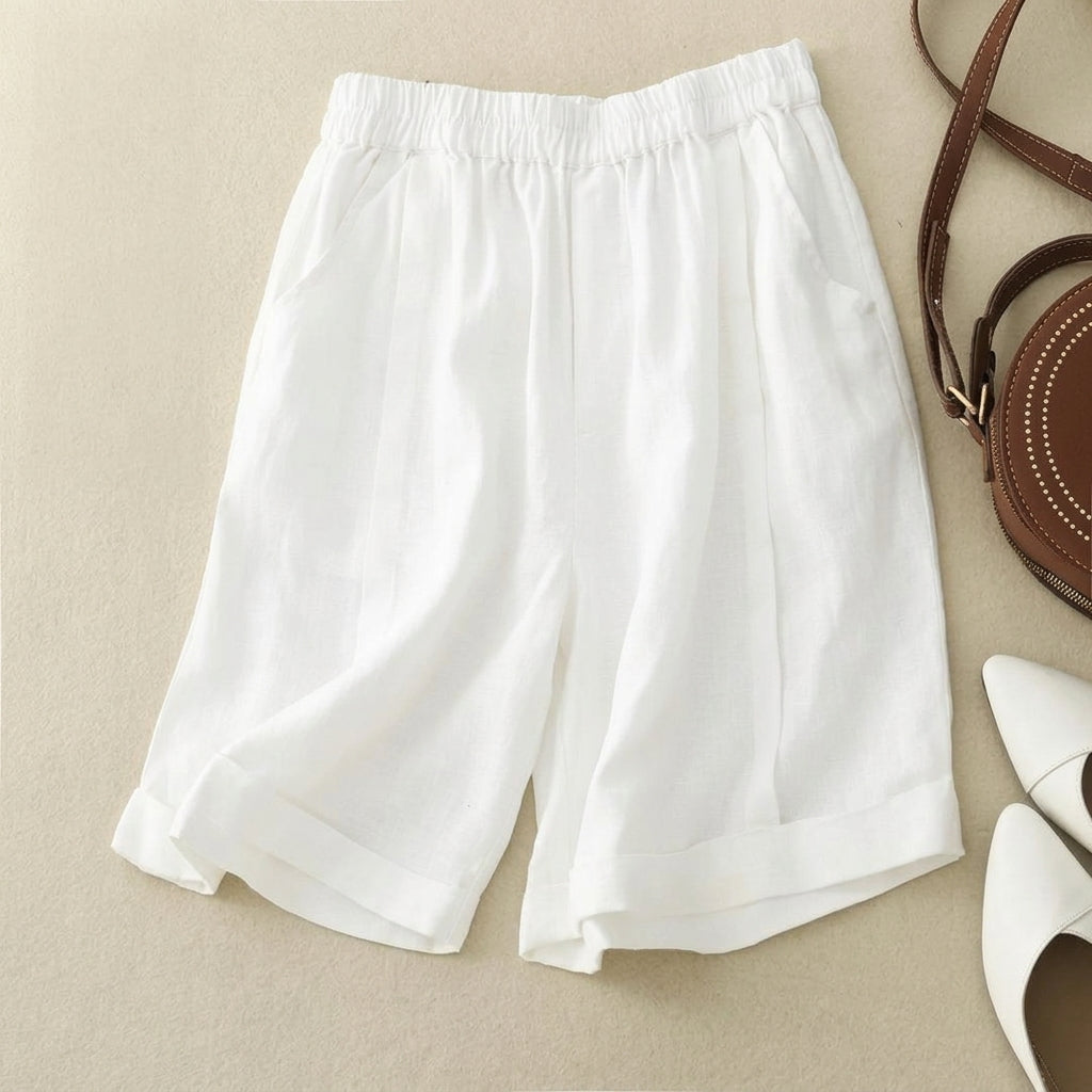 Short femme à taille élastique avec ourlet retroussé et poches latérales-Shorts for women-Gigié