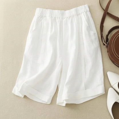 Short femme à taille élastique avec ourlet retroussé et poches latérales-Shorts for women-Gigié