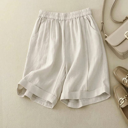 Short femme à taille élastique avec ourlet retroussé et poches latérales-Shorts for women-Gigié