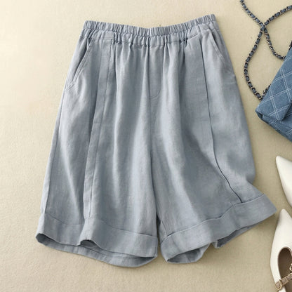 Short femme à taille élastique avec ourlet retroussé et poches latérales-Shorts for women-Gigié