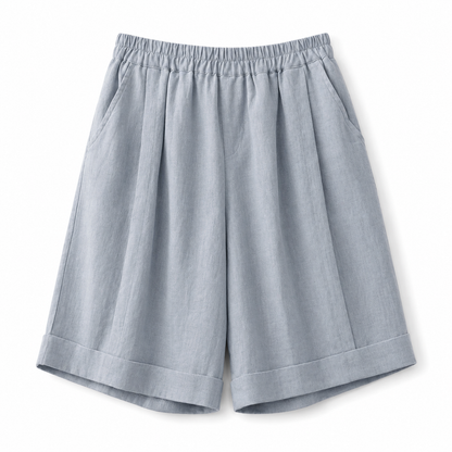 Short femme à taille élastique avec ourlet retroussé et poches latérales-Shorts for women-Gigié