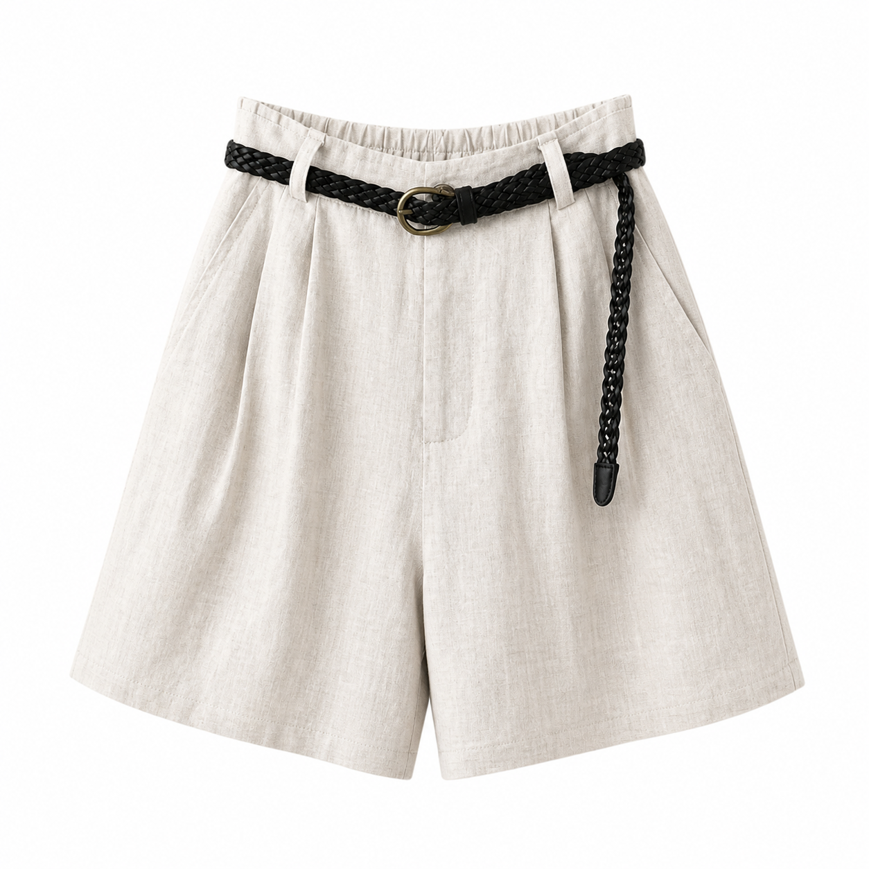 Short femme taille haute avec plis, passants de ceinture et poches latérales