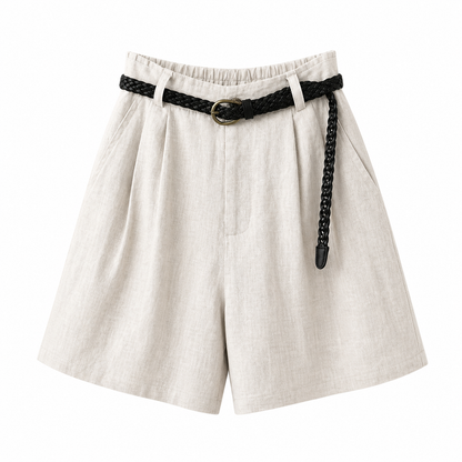 Short femme taille haute avec plis, passants de ceinture et poches latérales