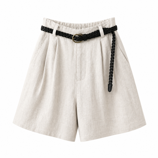Short femme taille haute avec plis, passants de ceinture et poches latérales