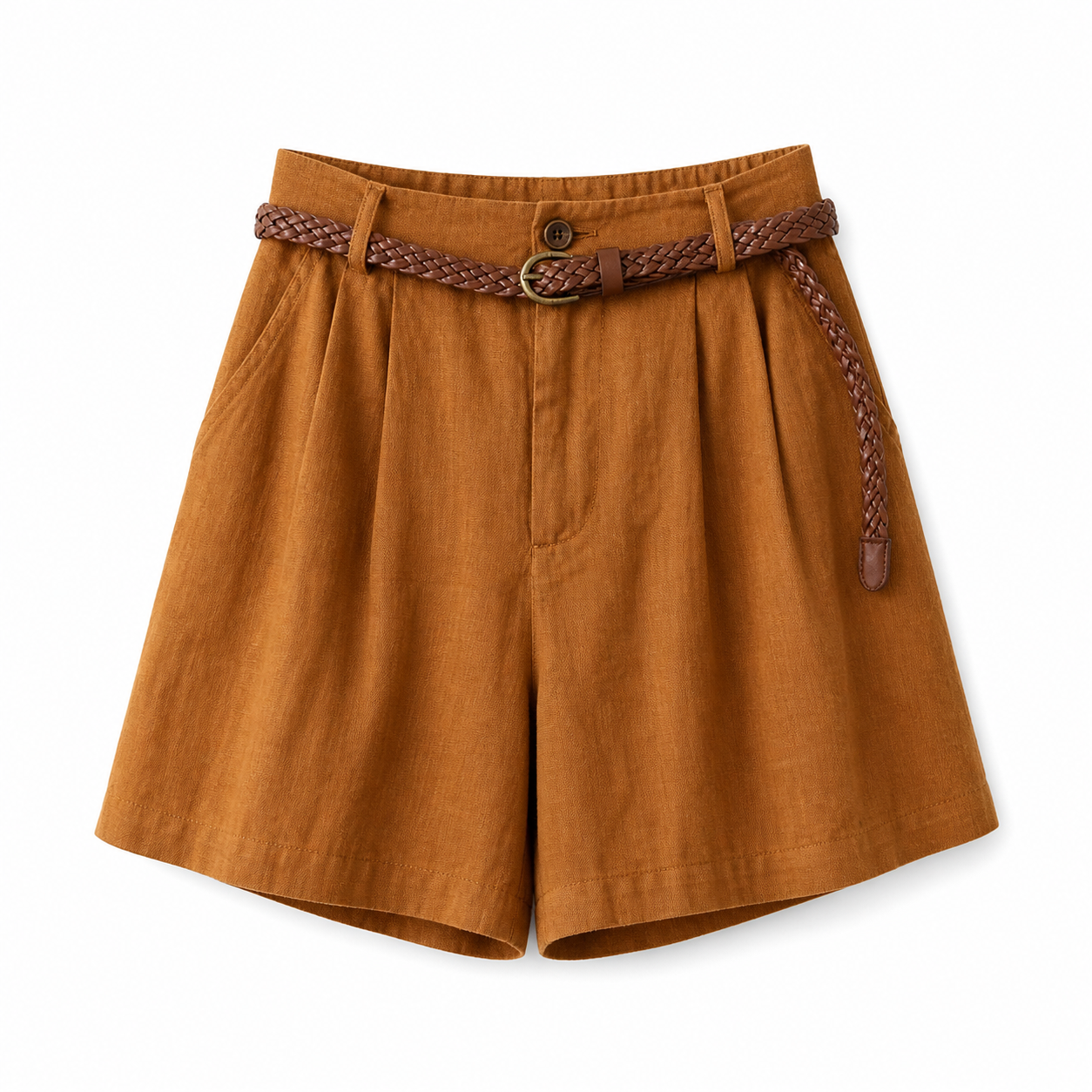 Short femme taille haute avec plis, passants de ceinture et poches latérales