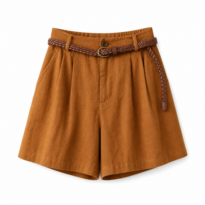 Short femme taille haute avec plis, passants de ceinture et poches latérales