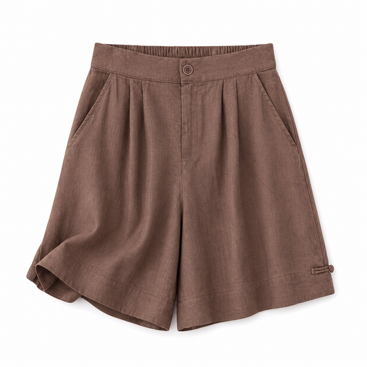 Short femme taille haute avec fermeture boutonnée, plis et poches latérales