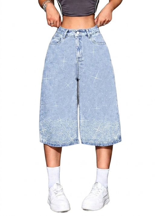 Shorts Bermuda Femme Taille Haute avec Strass 1