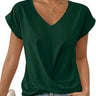 Femme T-shirt à col en V avec détail torsadé et manches à revers Vert Foncé