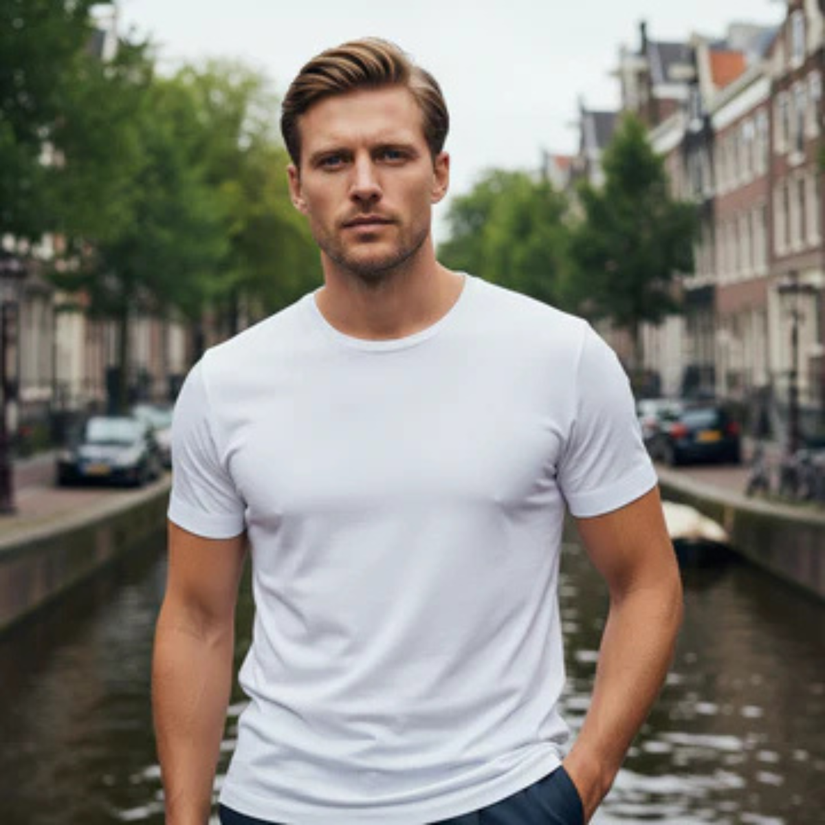 T-shirt pour homme à manches courtes avec col rond et ourlet droit-T-shirt for men-Gigié