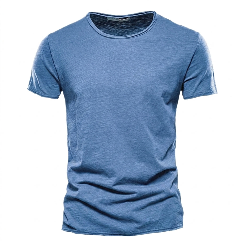 T-shirt pour hommes à manches courtes, col rond et texture flammée Bleu Denim