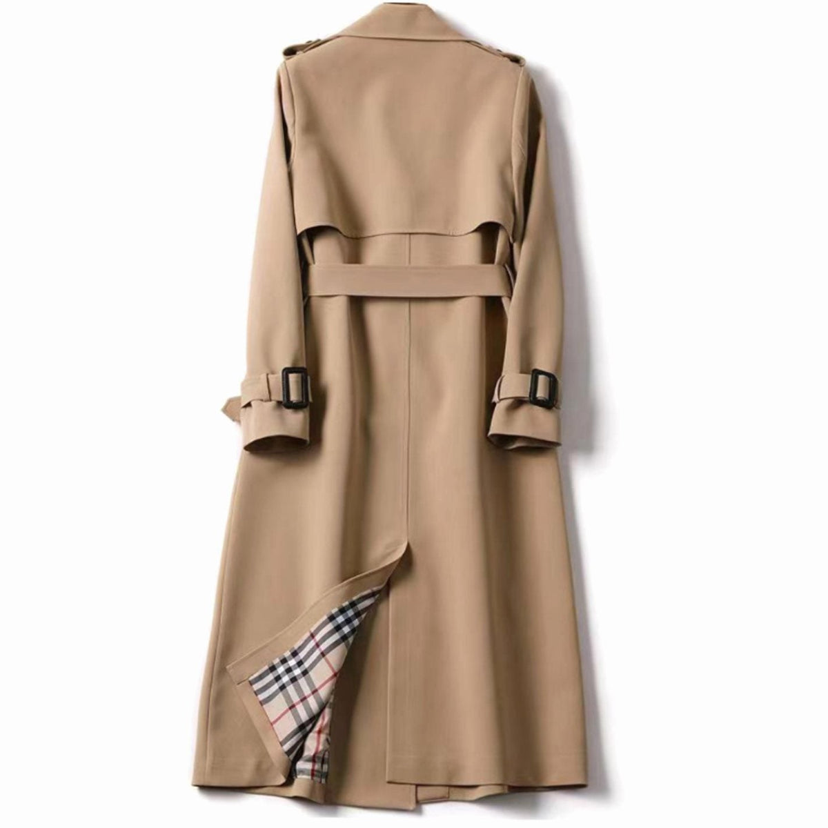 Trench-coat long pour femme avec ceinture et doublure à carreaux 1
