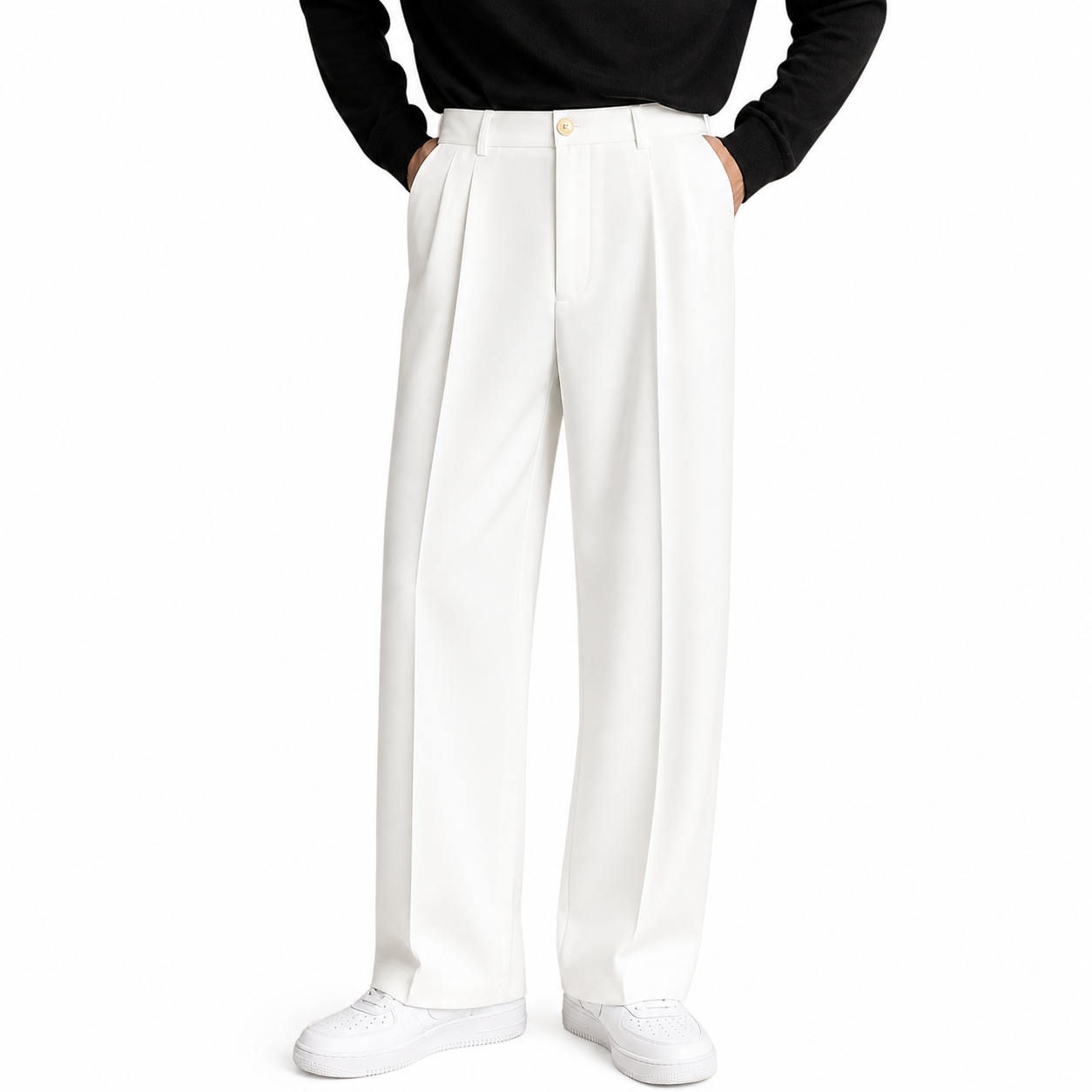 Pantalon homme à coupe droite avec plis frontaux et fermeture boutonnée