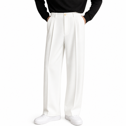 Pantalon homme à coupe droite avec plis frontaux et fermeture boutonnée