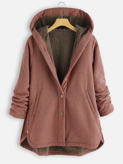 Veste à capuche boutonnée à motif à carreaux pour femme-Jacket Female-Gigié