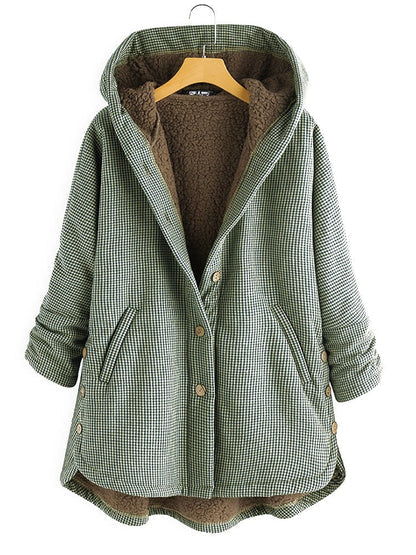 Veste à capuche boutonnée à motif à carreaux pour femme-Jacket Female-Gigié