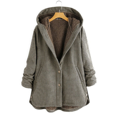 Veste à capuche boutonnée à motif à carreaux pour femme-Jacket Female-Gigié