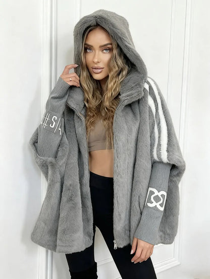 Manteau Hiver Femme À Capuche Manches Contrastées-Gigié