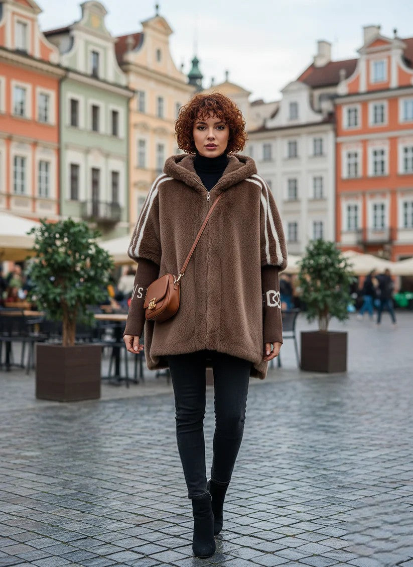 Manteau Hiver Femme À Capuche Manches Contrastées-Gigié