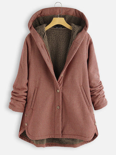 Veste à capuche boutonnée à motif à carreaux pour femme-Jacket Female-Gigié