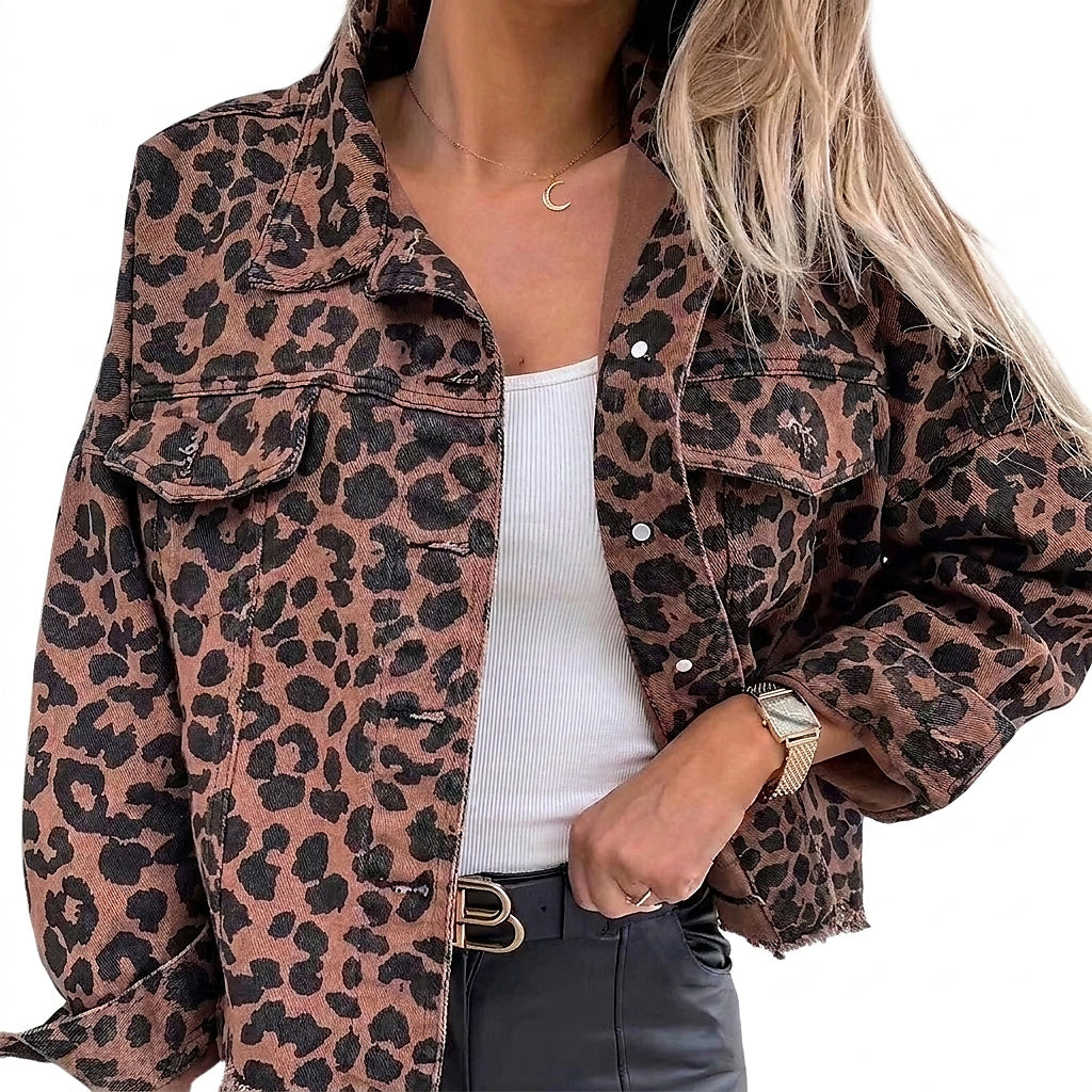 Veste en jean oversize à imprimé léopard pour femme 1